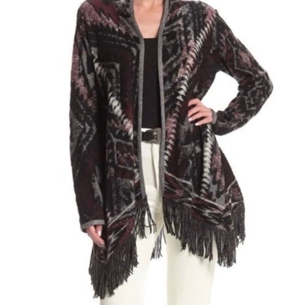 Lucky Brand Black and Red Aztec Print Western Fuzzy Fringe Cardigan Small